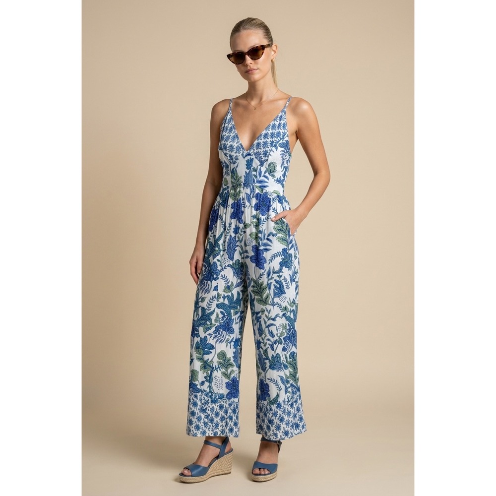 Mister Zimi Floral Wide Leg Jumpsuit Blue White Botanical Size Small Jumpsuits